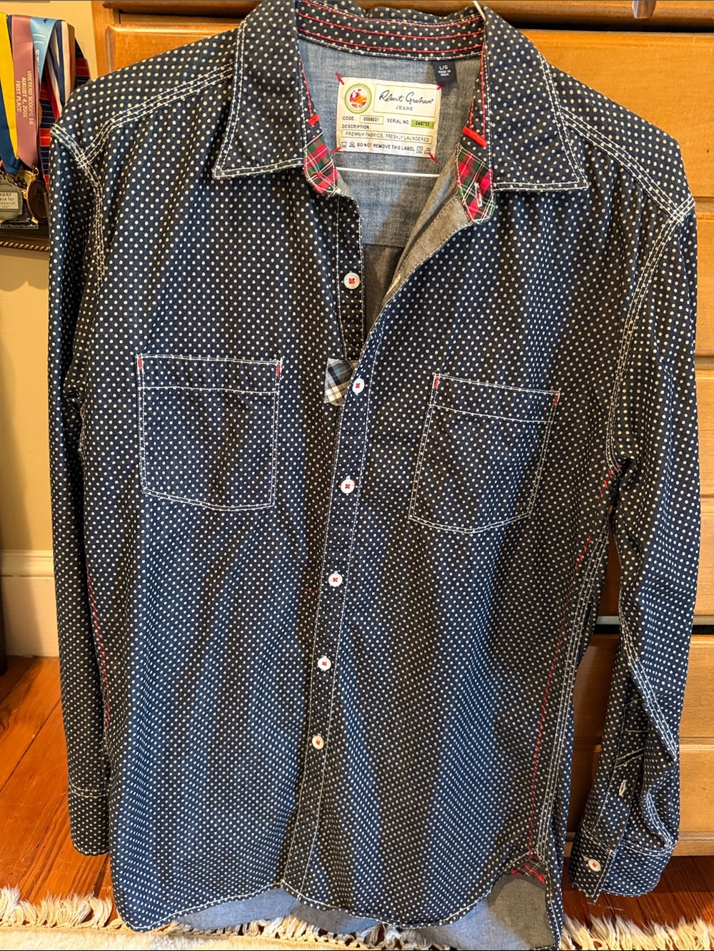 Robert Graham Navy Polka Dot Button-Down Shirt with Red Trim
